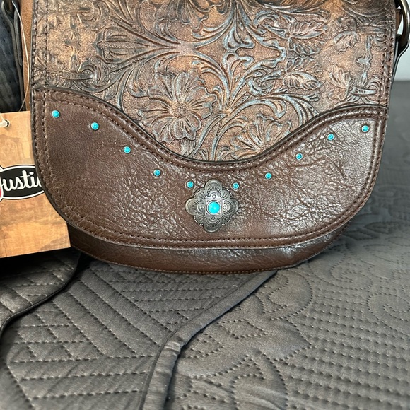 Justin Boots Brown Floral Crossbody with Turquoise Accents - Picture 1 of 7